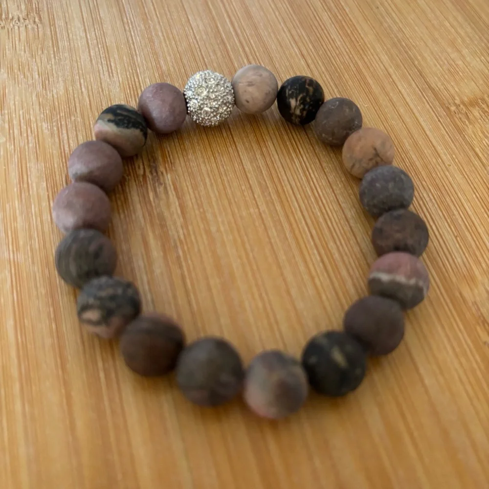 Handmade Matte Rhodonite Beaded Stretch Bracelet with Rhinestone Centerpiece